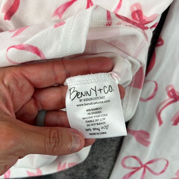 Benny + Co By KenzKustomz Bow Print Pajamas Two Piece AOP Long Sleeve Sz M - Picture 4 of 11